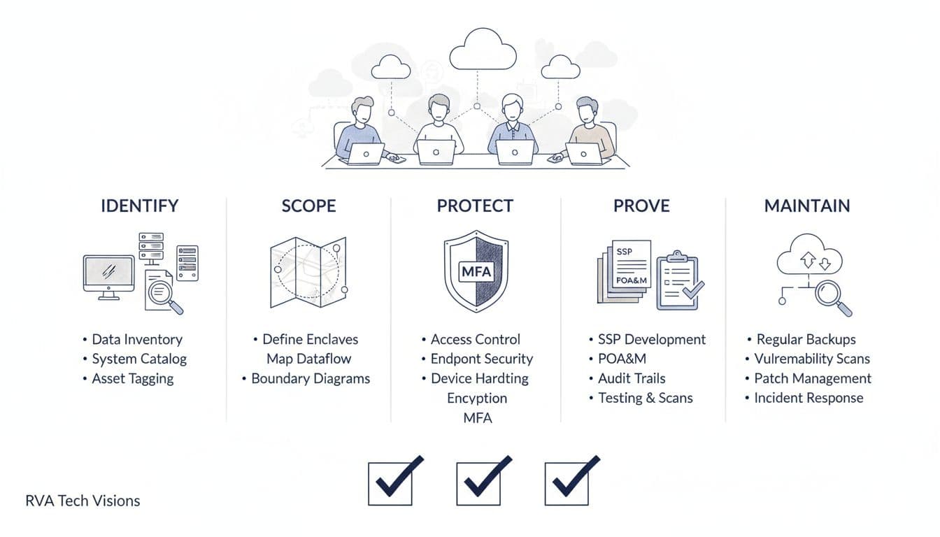 Checklist infographic for CUI and CMMC readiness grouped by Identify, Scope, Protect, Prove, Maintain