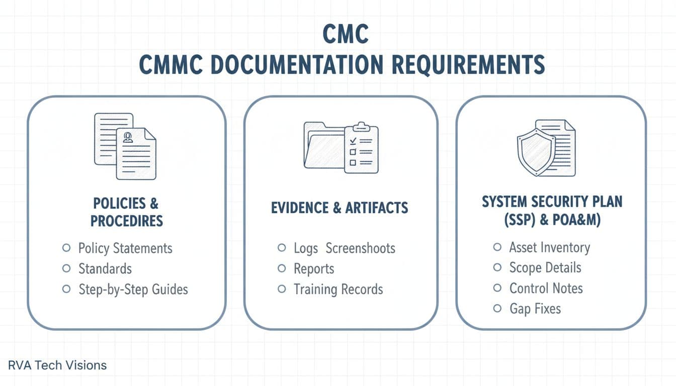 Clean, modern flat-style infographic on white background detailing CMMC documentation requirements in three sections: Policies and Procedures, Evidence and Artifacts, and System Security Plan (SSP) & POA&M.