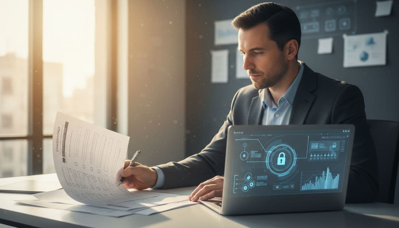 Professional IT compliance manager in modern office reviewing CMMC guest access policy documents on secure laptop with checklists and subtle security icons in background, photorealistic style.