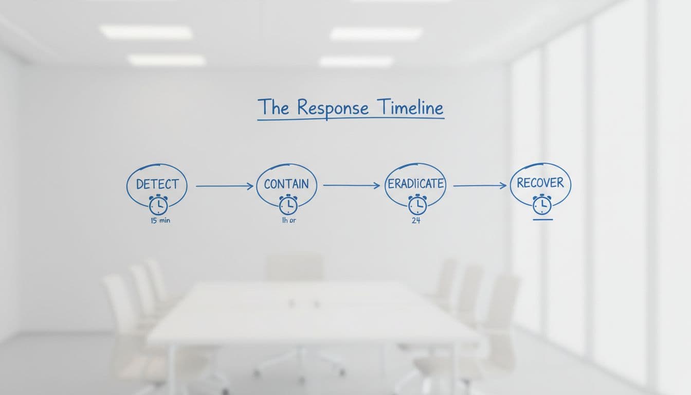 Realistic photo of a whiteboard in a conference room showing a simple flowchart of incident response phases: detect (15 min), contain (1 hour), eradicate (24 hours), recover, with clock icons and phase names in simple font.