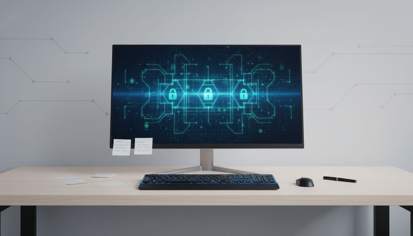 Clean wooden desk with large monitor displaying abstract CMMC grid matrix, keyboard, scattered compliance notes, pen, subtle padlock icons in background.