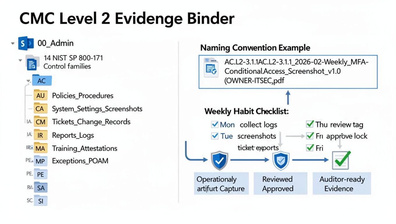 Clean vector diagram showing SharePoint folder tree for CMMC Level 2 Evidence Binder with NIST 800-171 controls, AC family subfolders, naming convention example, weekly checklist, and evidence workflow.