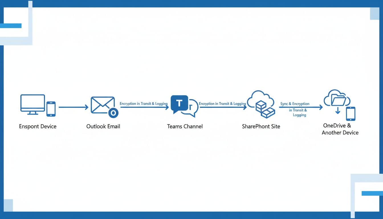 Clean flowchart diagram depicting CUI data flow in Microsoft 365, from endpoint device via Outlook email to Teams channel, SharePoint upload, and OneDrive sync, featuring encryption in transit and logging indicators with simple service icons.