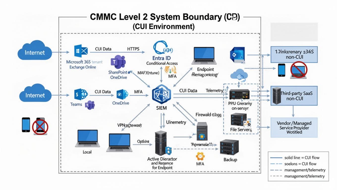 Clean, professional vector-style diagram depicting the CMMC Level 2 system boundary for a CUI environment, including Microsoft 365 services, Entra ID, endpoints, on-premises components, and labeled data flows.