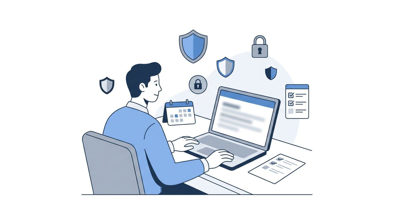 Modern flat design illustration of one small business employee sitting relaxed at an office desk with a blurred laptop screen, calendar and checklist icons nearby, and floating shield and lock icons in subtle blue-gray cybersecurity colors on a high-contrast white background.