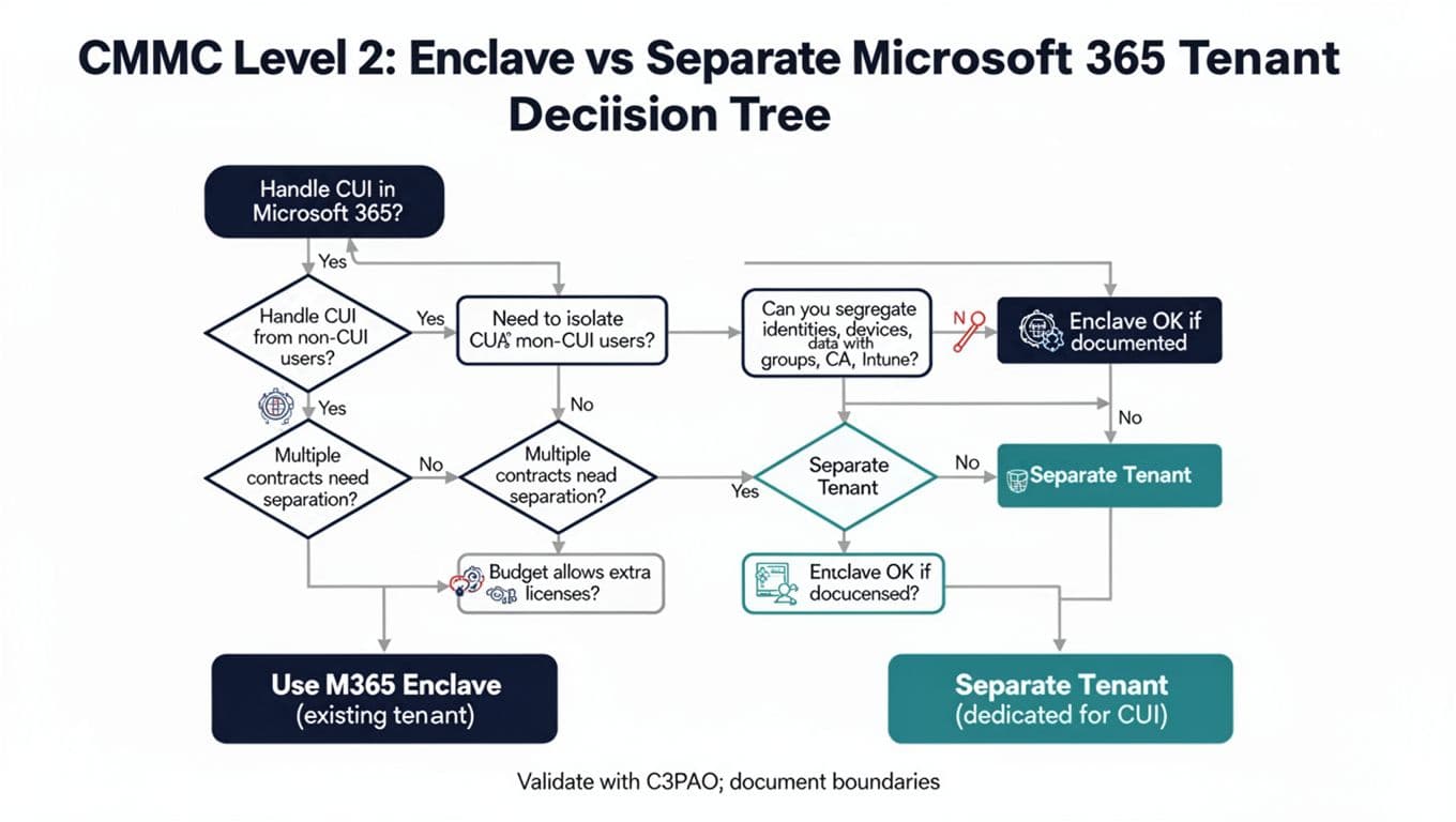 A minimalist vector-style flowchart diagram for cybersecurity compliance, guiding decisions on using a Microsoft 365 Enclave or separate tenant for handling CUI under CMMC Level 2, with clear yes/no paths and professional high-contrast design.
