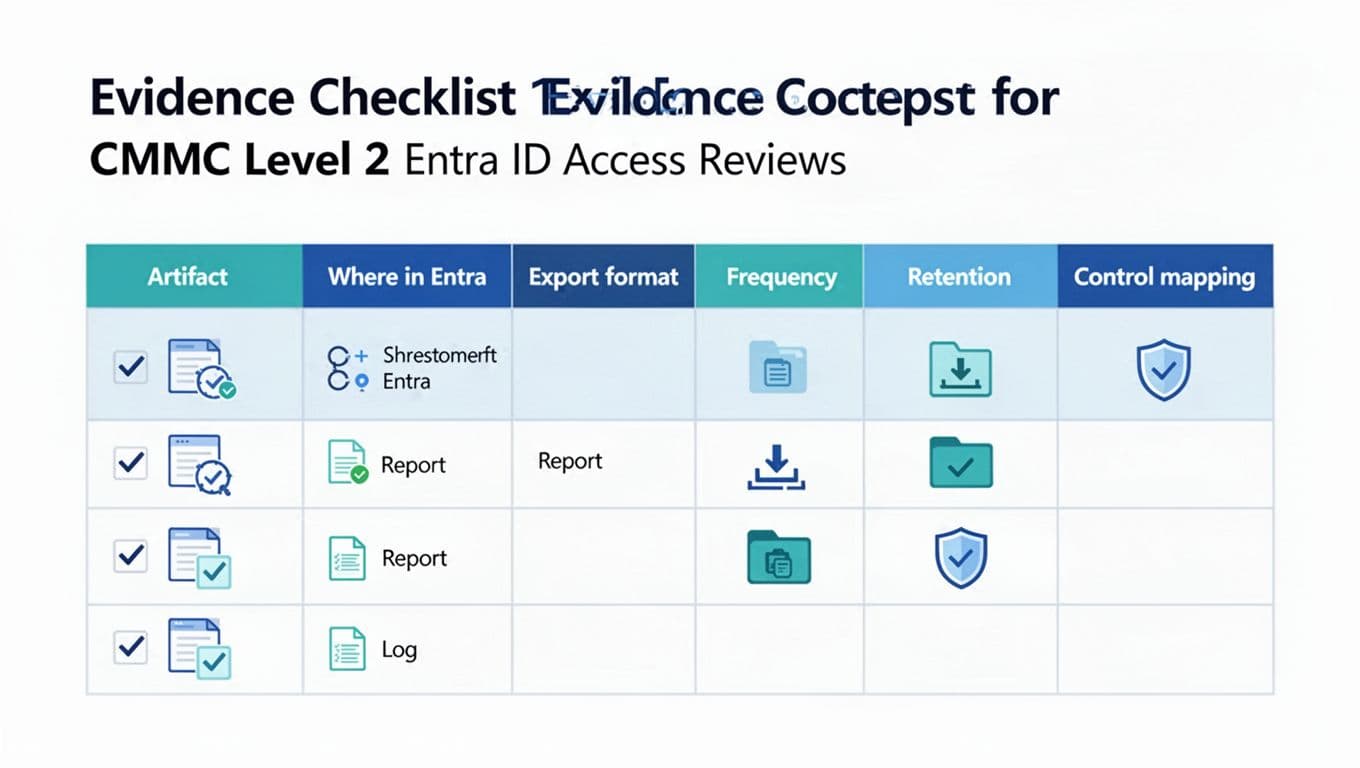 Professional flat vector diagram illustrating an evidence checklist table for CMMC Level 2 Entra ID access reviews, with columns for Artifact, Where in Entra, Export format, Frequency, Retention, and Control mapping, including sample rows with icons.