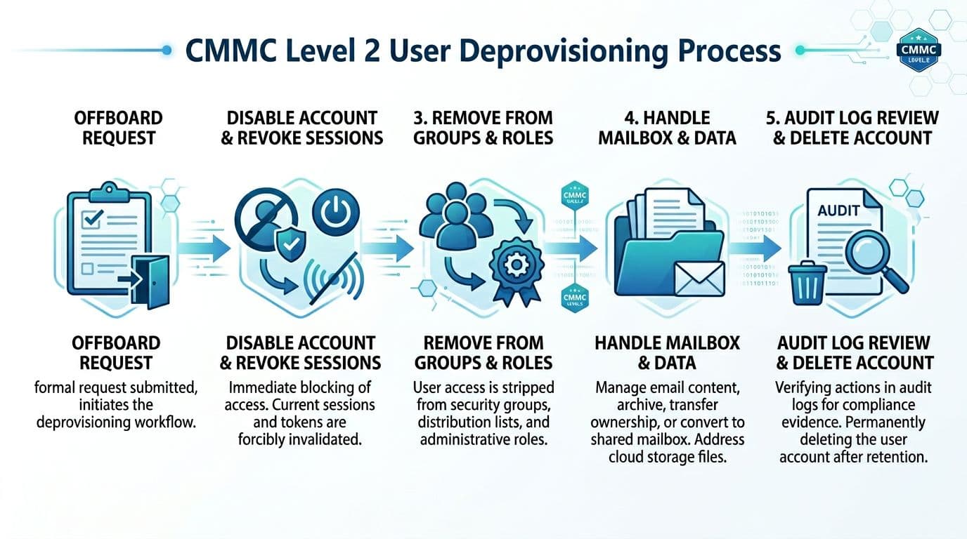 Clean professional landscape infographic depicting the CMMC Level 2 compliant user deprovisioning process in Entra ID, showing sequential steps with icons: offboard request, disable account and revoke sessions/tokens, remove from groups/roles, handle mailbox data, and audit log review/delete account.