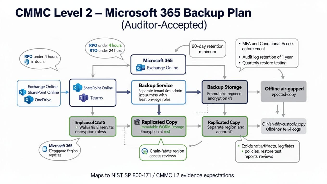 A clean, professional infographic flowchart in landscape format depicting the Microsoft 365 backup plan compliant with CMMC Level 2 requirements, including services backup to immutable storage with replication, air-gapped options, and key metrics like RPO, RTO, retention, and audit features.