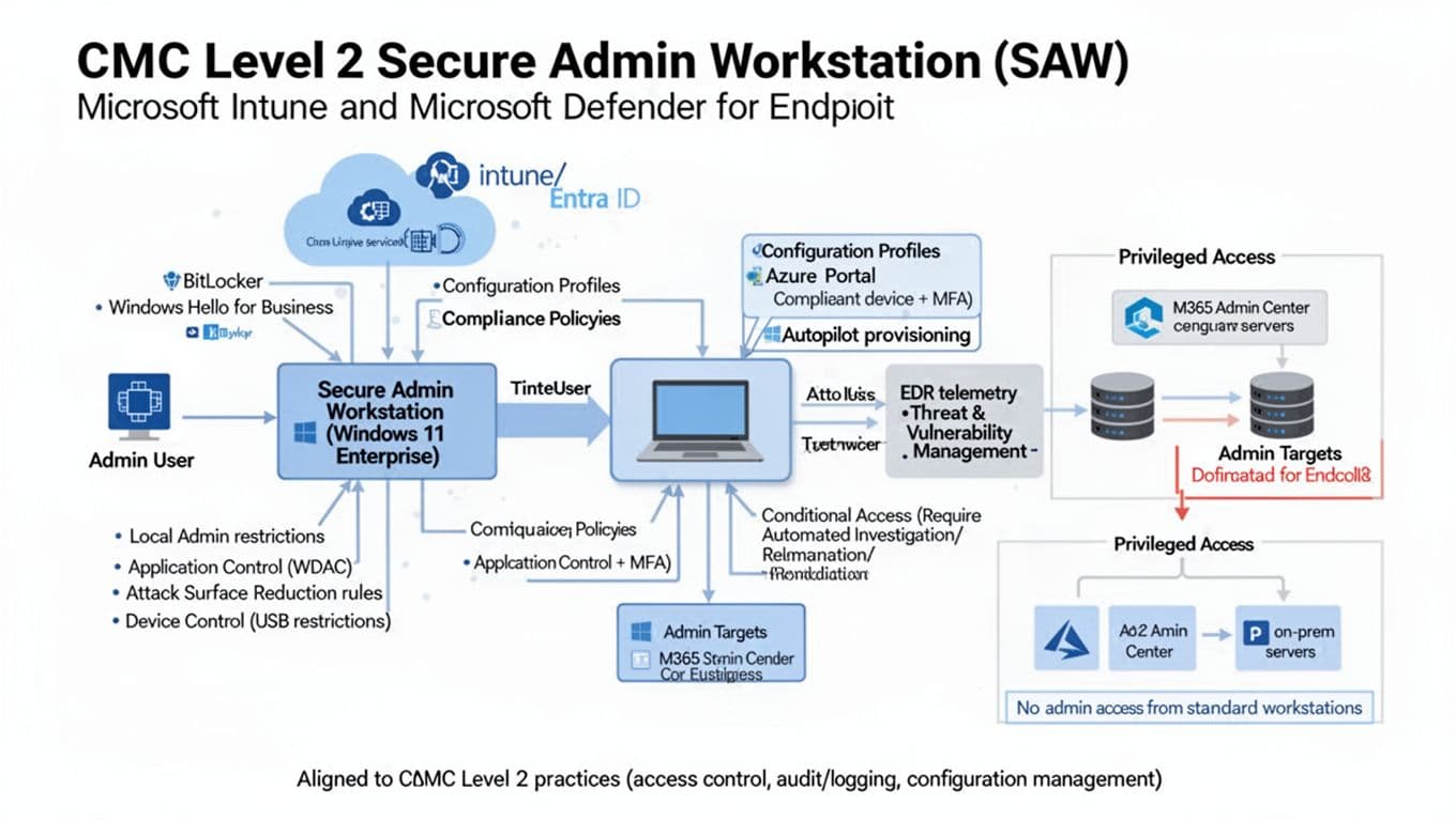 Clean professional vector diagram of CMMC Level 2 SAW architecture using Microsoft Intune and Defender for Endpoint, featuring security components, cloud management, and privileged access.