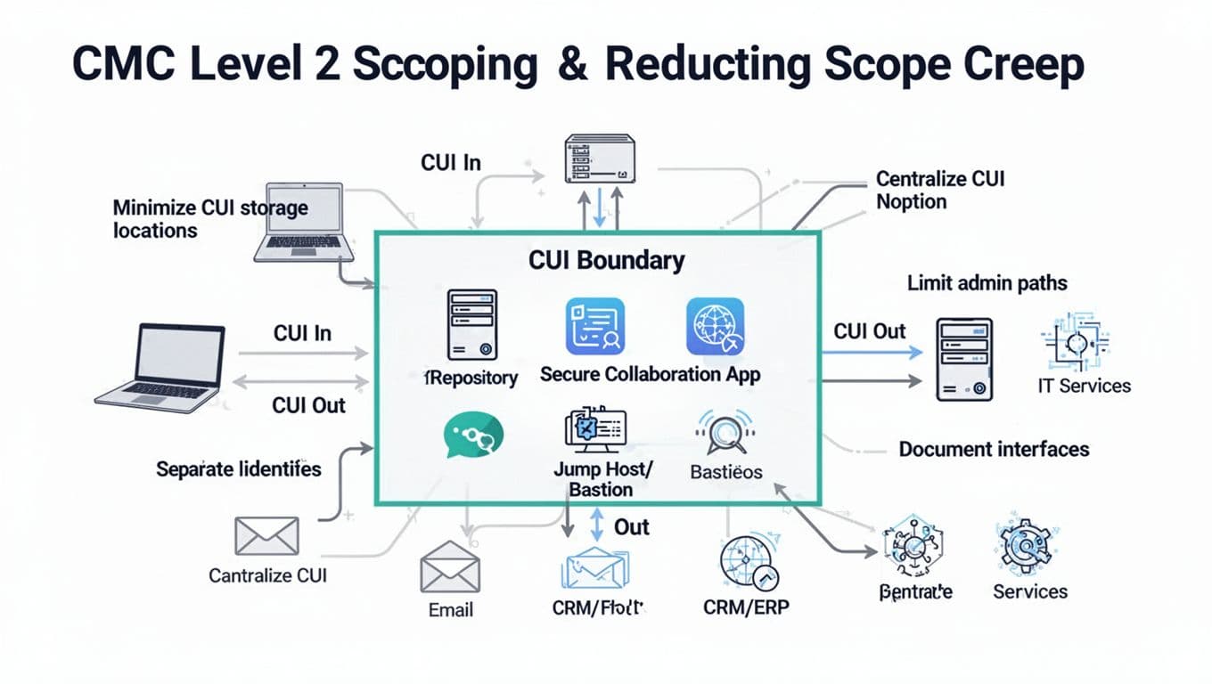 Minimalist infographic depicting a network boundary diagram for CMMC Level 2 compliance, focusing on CUI boundary to reduce scope creep with icons for servers, apps, and data flows.
