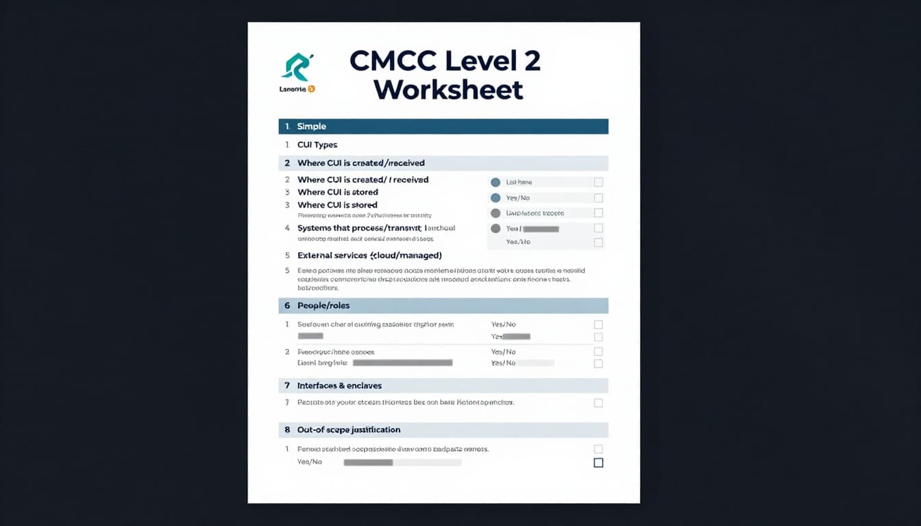 Clean, minimalist infographic preview of a one-page CMMC Level 2 scoping worksheet with sections for CUI types, storage, processing, external services, and out-of-scope justifications.