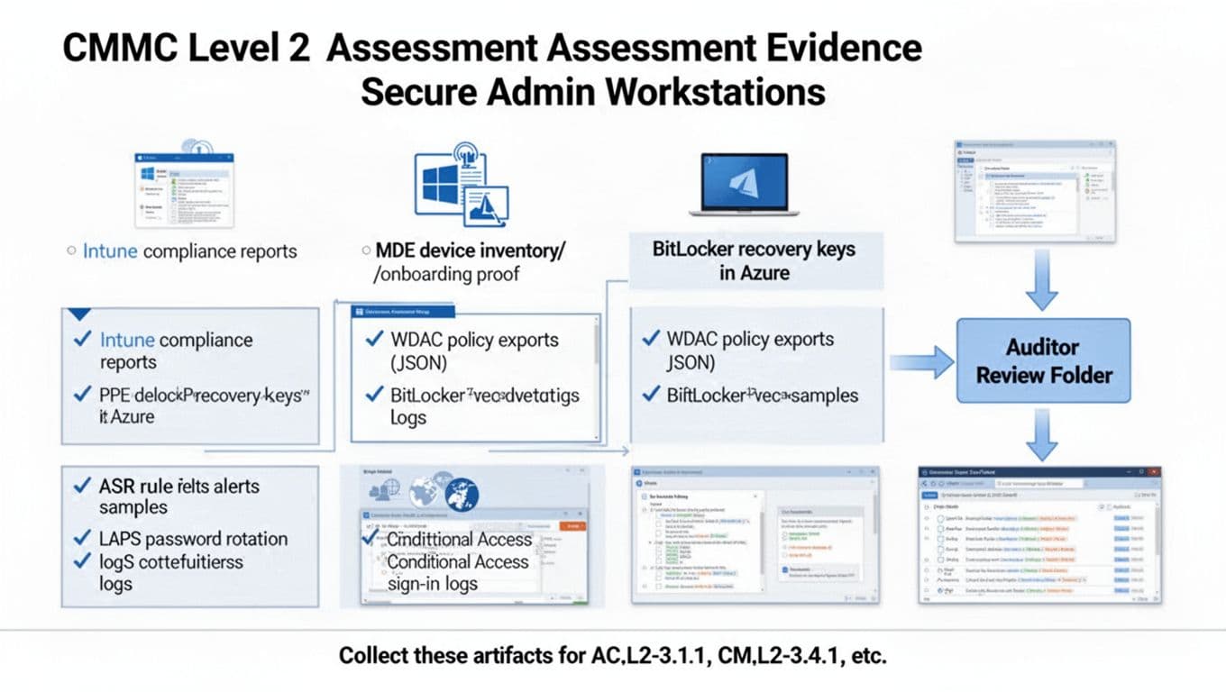 Clean, professional vector diagram for CMMC Level 2 assessment evidence on secure admin workstations, showing checklists for Intune compliance, MDE inventory, BitLocker keys, WDAC policies, ASR alerts, LAPS logs, and Conditional Access logs, with arrows to Auditor Review Folder.