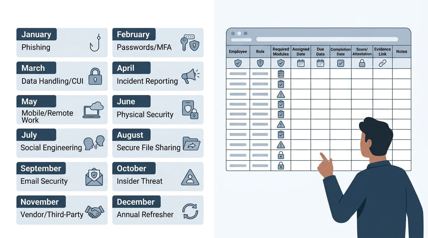 Professional infographic in modern flat design with blue/gray palette, featuring a 12-month training timeline on the left (topics: Phishing, Passwords, Data Handling, etc.) and a simple tracker table on the right (columns: Employee, Role, Completion Date, etc.), optimized for 1200x675 resolution.