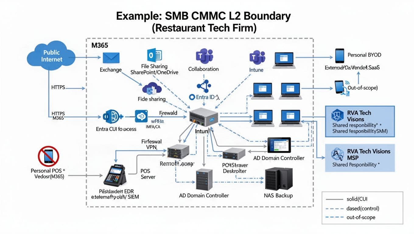 Clean, professional vector-style diagram showing a small business CMMC Level 2 system boundary for a restaurant tech firm, integrating Microsoft 365 services, managed endpoints via Intune, on-premises network components, and external connections with clear flow legends.