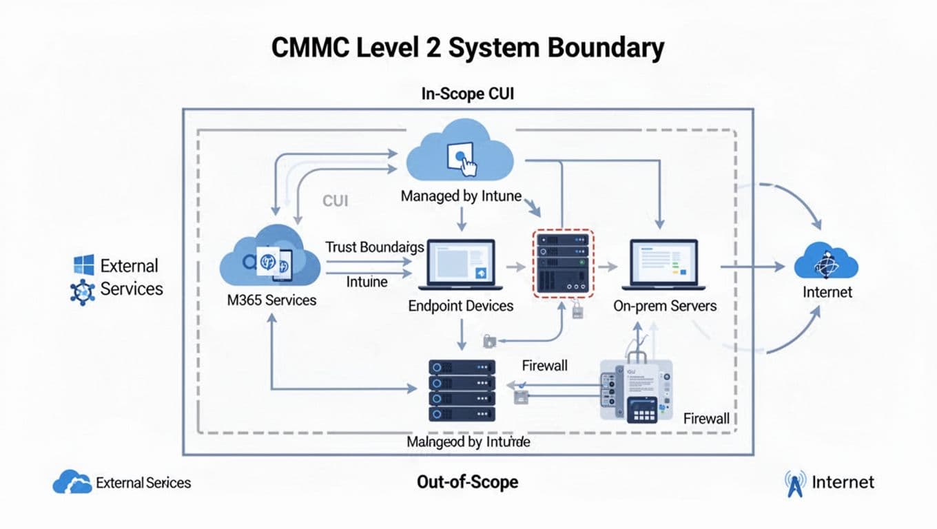 Simple vector diagram illustrating key components of a CMMC Level 2 system boundary, including in-scope cloud M365 services, Intune-managed endpoints, on-prem servers behind firewall, data flows, and trust boundaries.