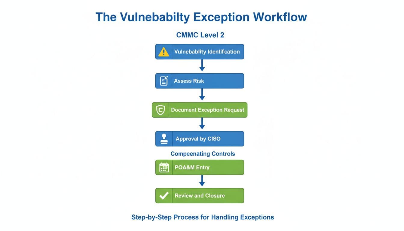 Vertical flowchart with icons and step names for CMMC Level 2 vulnerability exception process.