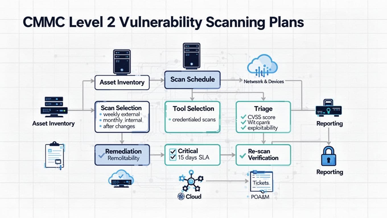 Minimalist flat design infographic showing the CMMC Level 2 vulnerability scanning process as a simple flowchart from asset inventory to reporting.
