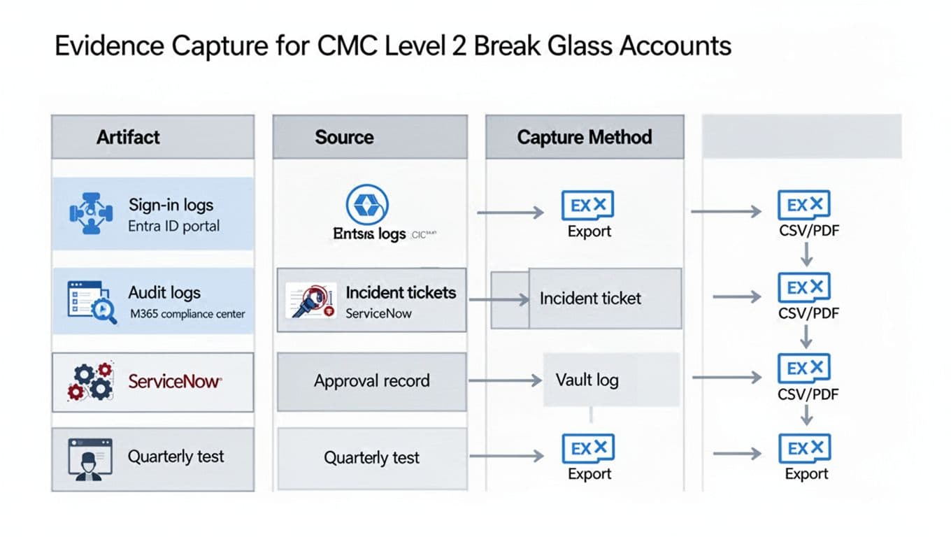 Clean, professional flat vector infographic in table layout showing Artifact, Source, and Capture Method columns for CMMC Level 2 break glass accounts evidence in Microsoft 365. Rows include sign-in logs, audit logs, incident tickets, approval records, vault logs, and quarterly tests, with arrows to CSV/PDF export icons; white background, blue-gray icons, sequential flow.
