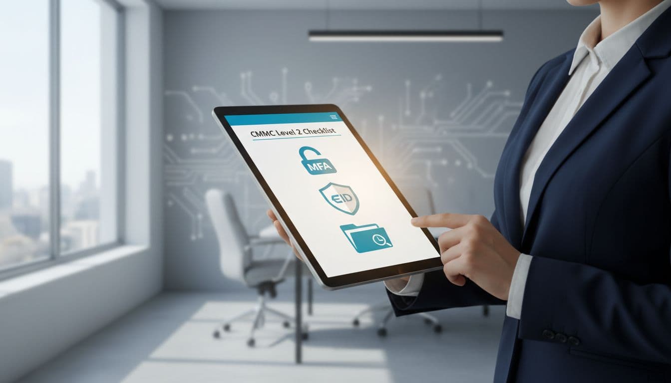 A compliance officer holds a digital tablet displaying a CMMC Level 2 checklist graphic with icons for MFA lock, Entra ID shield, and audit log folder in a secure office. Illustrative style features soft natural lighting and subtle cybersecurity theme.