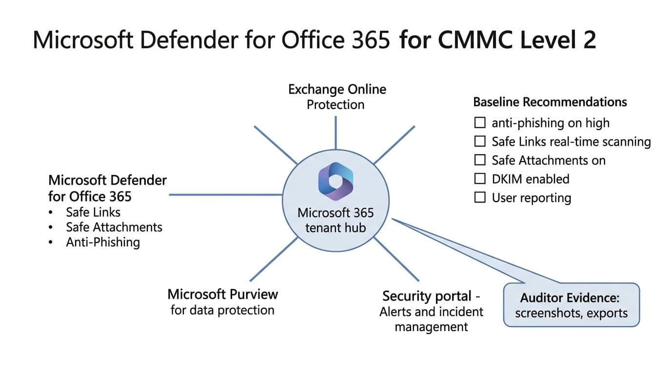 Clean, professional technical diagram for IT security blog showing CMMC Level 2 Microsoft Defender for Office 365 setup with central Microsoft 365 tenant hub connected to Exchange Online Protection, Safe Links, Safe Attachments, Anti-Phishing, Purview, and Security portal, plus baseline recommendations checklist and auditor evidence callout.