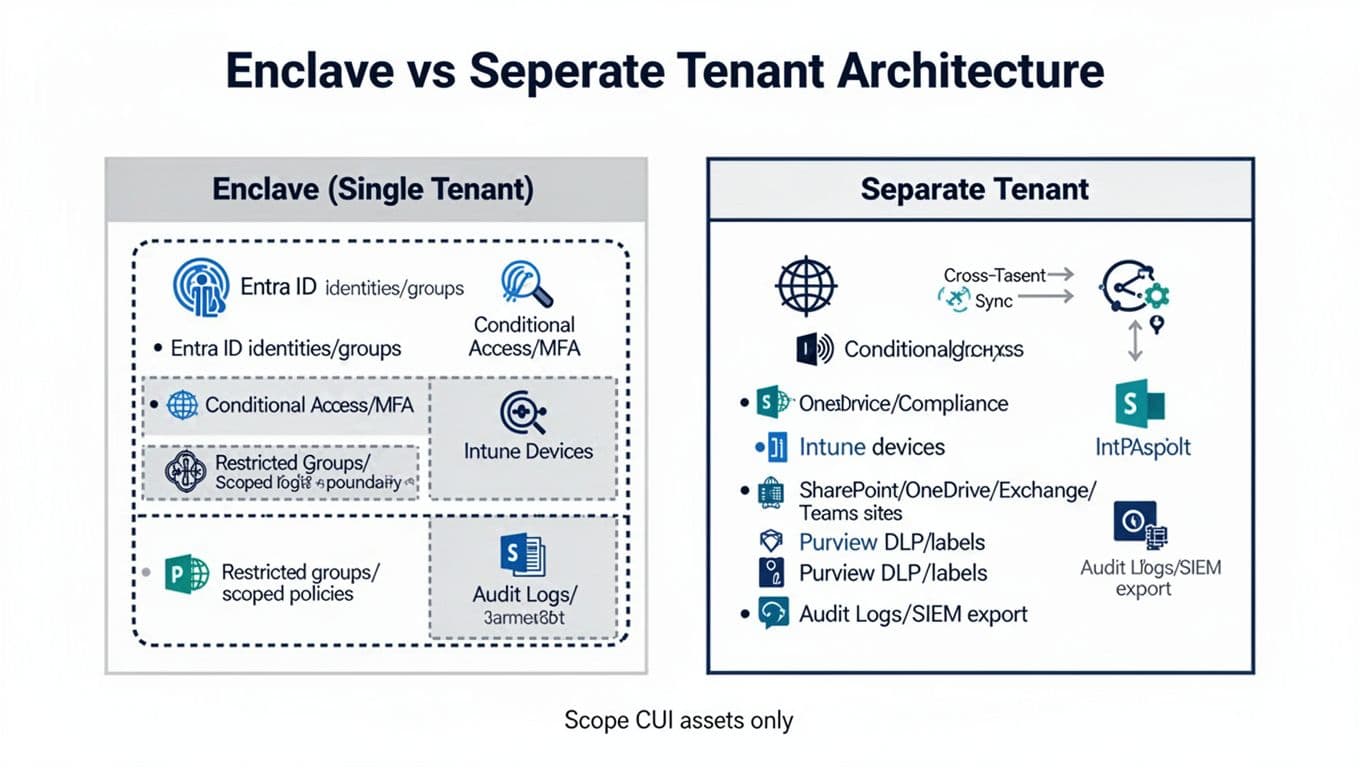 Vector-style side-by-side comparison diagram for CMMC Level 2 Microsoft 365 compliance, showing Enclave (Single Tenant) with internal segments versus Separate Tenant with cross-tenant sync, including icons for Entra ID, Intune, SharePoint, Purview, and audit logs.