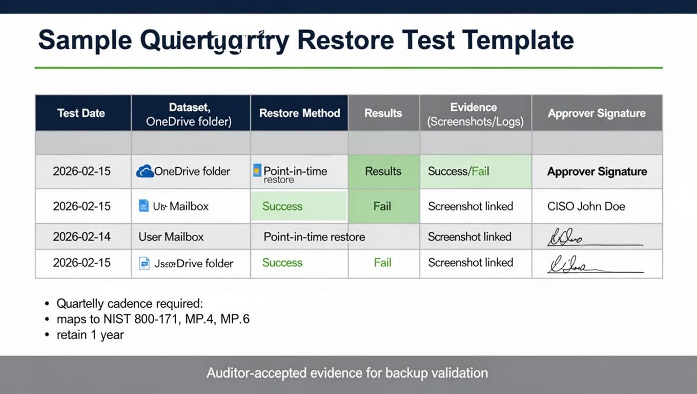 Clean professional infographic in landscape format showing a sample restore test template table for CMMC Level 2 Microsoft 365 backups, with columns for Test Date, Dataset, Restore Method, Results, Evidence, and Approver Signature, including 3 sample rows and compliance notes.