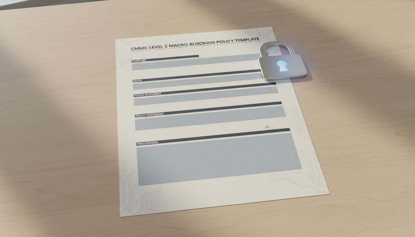 Professional policy document on macro blocking for CMMC compliance laid flat on a clean office desk, with a subtle security padlock icon beside it, captured in natural indoor lighting as a high-resolution realistic photograph.