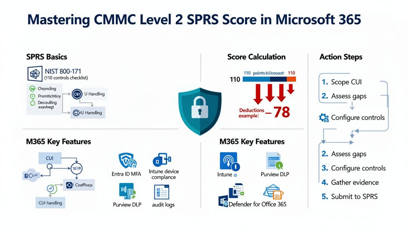 Clean professional cybersecurity infographic in flat vector style with Microsoft 365 colors, divided into sections on SPRS basics, score calculation, M365 key features, and action steps, centered with a shield icon.