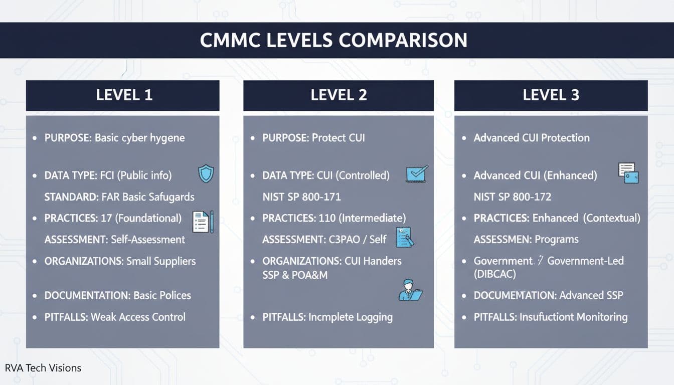 Clean, modern landscape infographic comparing CMMC Levels 1, 2, and 3 across purpose, data types, standards, practices, assessments, organizations, documentation, and pitfalls in a professional cybersecurity style.