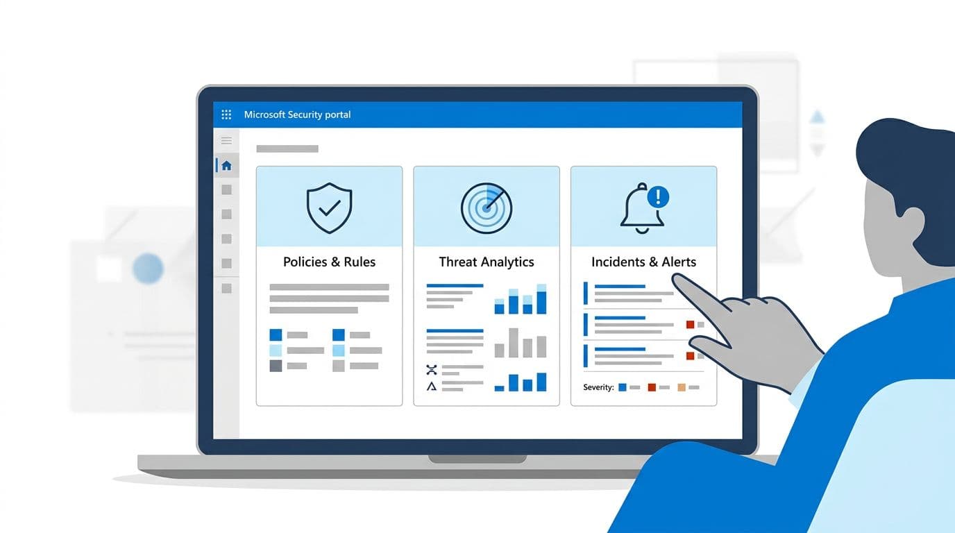 Professional flat vector illustration featuring a laptop screen displaying a simplified Microsoft Security portal dashboard with sections like Policies & Rules, Threat Analytics, and Incidents & Alerts. A hand points relaxedly at the screen in modern blue/gray tones on a white background.