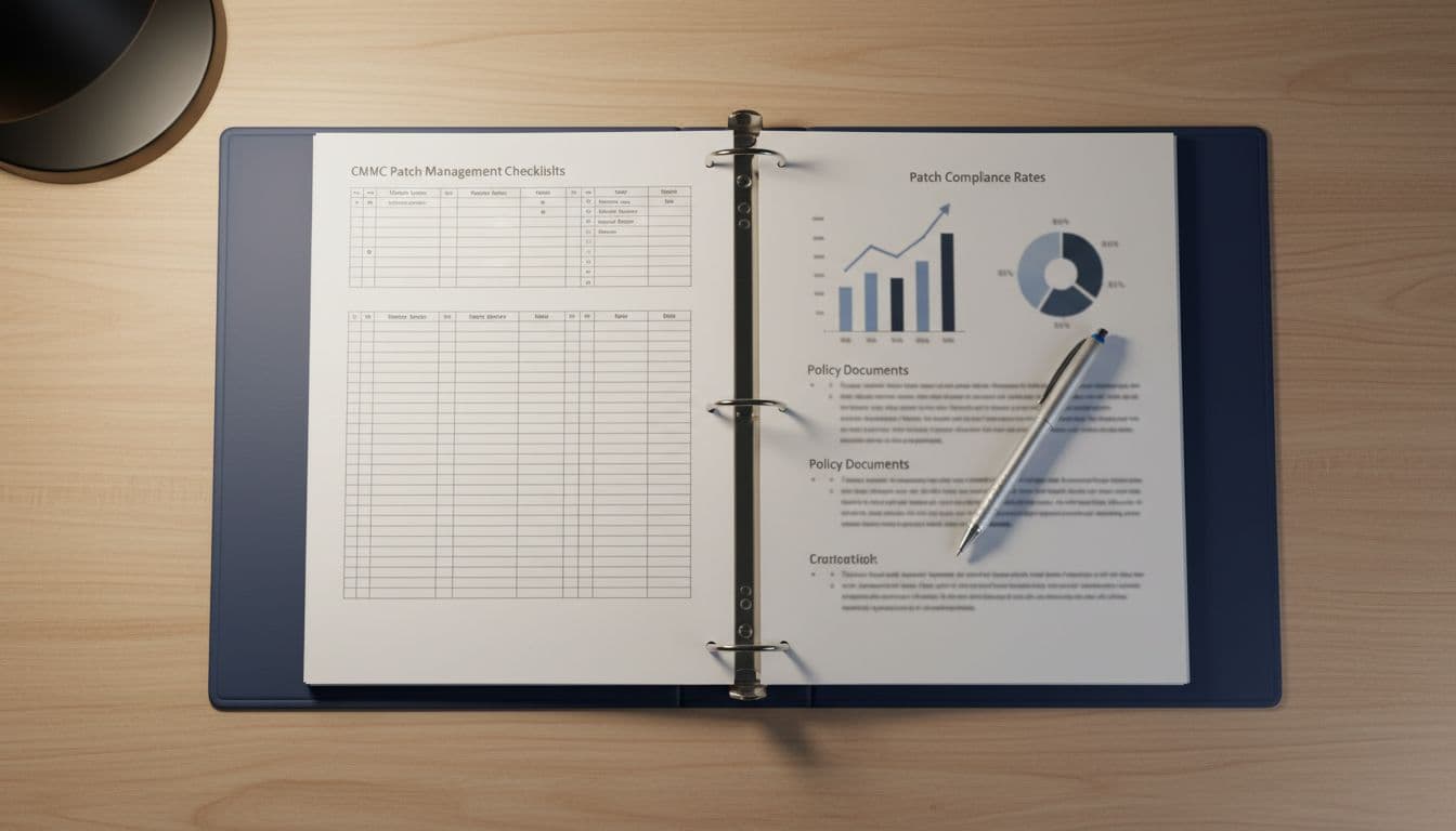 Top-down view of a professional desk featuring an open binder with printed CMMC patch management checklists, compliance graphs, and policy documents, accented by a resting ballpoint pen and soft lamp lighting.