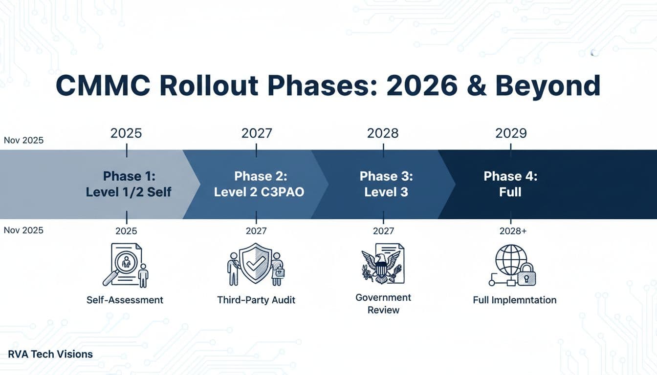 Horizontal landscape timeline infographic detailing CMMC rollout phases from 2025 to 2029, including Phase 1 self-assessments, Phase 2 C3PAO audits, Phase 3 Level 3, and Phase 4 full compliance, with cybersecurity icons in a professional dark navy and white sketch style.