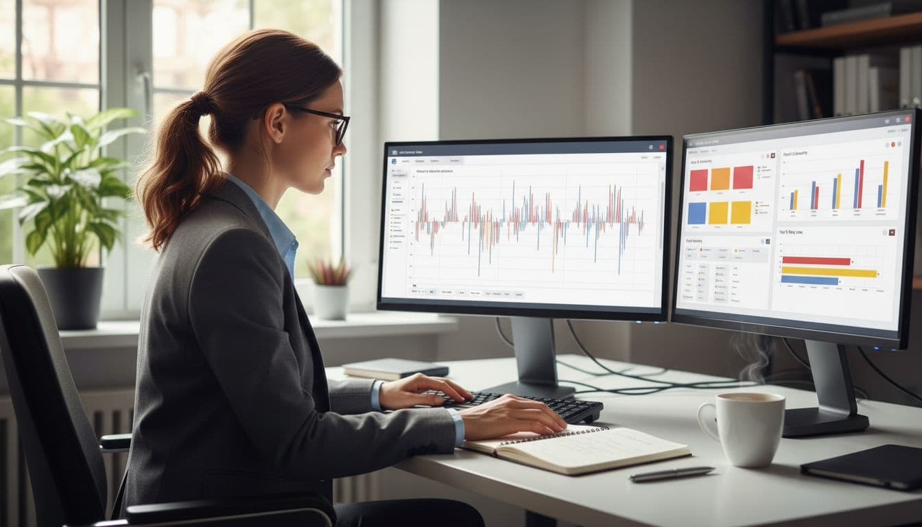 A focused professional woman working as an IT security analyst in a modern office reviews CMMC compliance logs on dual monitors, one showing a timeline of sign-in events with filters and the other an alert dashboard, with a notebook and coffee mug on her desk under natural daylight.