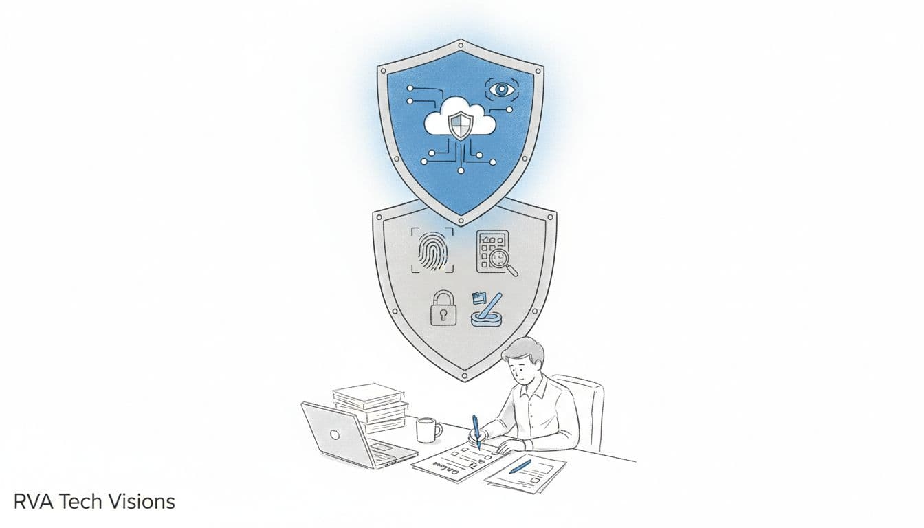 Illustration of three shield tiers for CMMC levels with a small business owner reviewing a DoD contract checklist at a desk