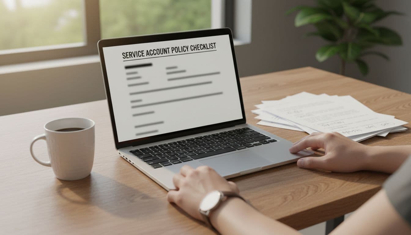 A clean office desk with an open laptop displaying a service account policy checklist, nearby papers with bullet points, a coffee mug, soft natural window light, and one person's hands resting on the desk edge in realistic photo style.