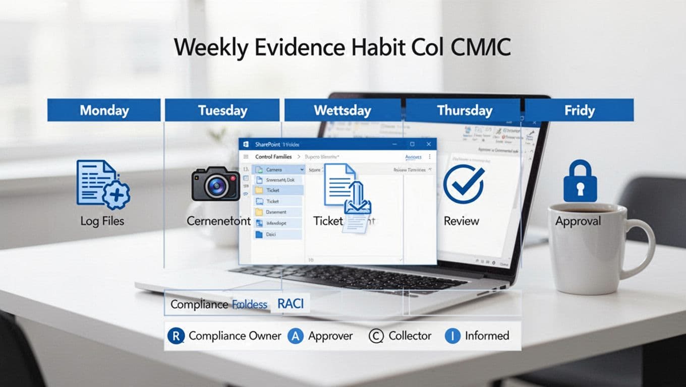 Professional vector illustration in SharePoint style depicting a five-day weekly evidence habit calendar for CMMC compliance with day-specific icons, central document library view with control family folders and RACI labels, on a secure office desk background with a laptop and coffee mug.