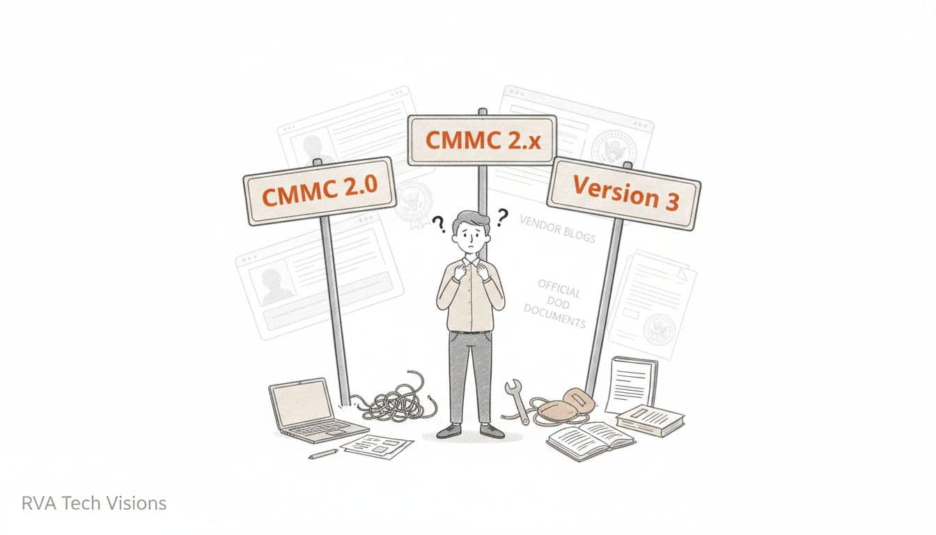 Illustration of a confused small business owner facing road signs labeled CMMC 2.0, 2.x, and Version 3