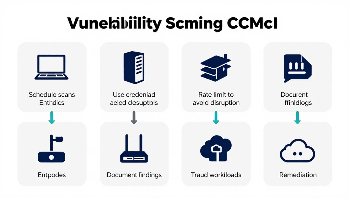 Minimalist flat design infographic on a white background with gray grid and navy-teal accents, showing a checklist for vulnerability scanning in CMMC context with icons for endpoints, servers, network devices, and cloud workloads.
