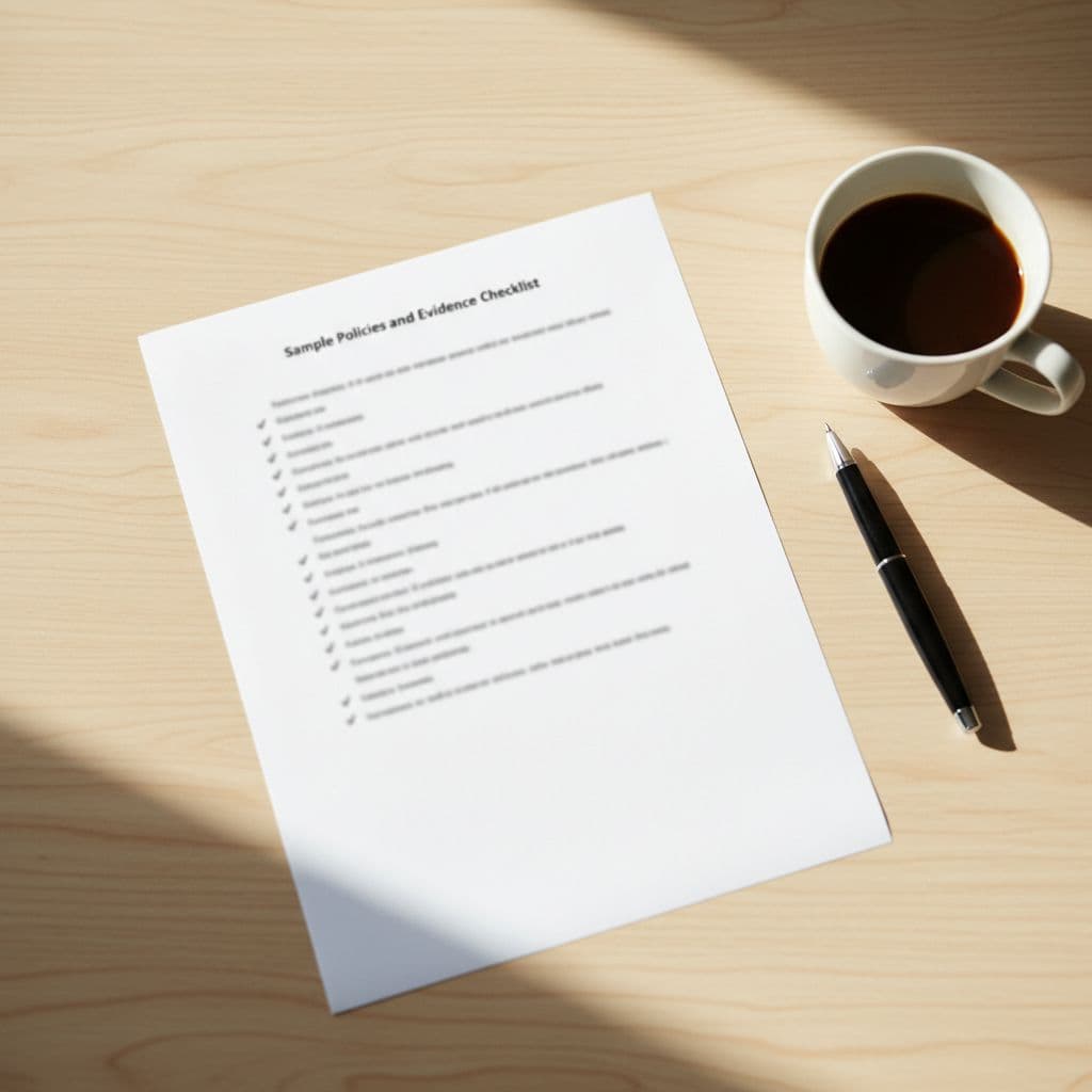 Top-down photorealistic view of a blurred checklist document on a wooden desk with pen and coffee mug, representing organized compliance evidence.