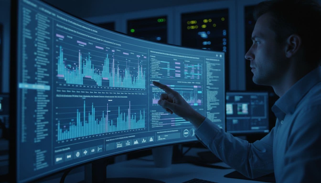 A compliance officer in a dimly lit security operations center analyzes audit logs on a large monitor displaying graphs and timelines of access events for Teams and SharePoint. The focused composition emphasizes data visualization with cyber blue lighting.
