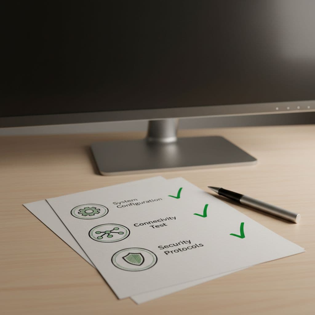 Photorealistic checklist on paper with green checkmarks next to a powered-off computer on a wooden desk under soft office lighting, including one pen and no extra objects or people. Symbolizes validation and troubleshooting process for setup compliance.