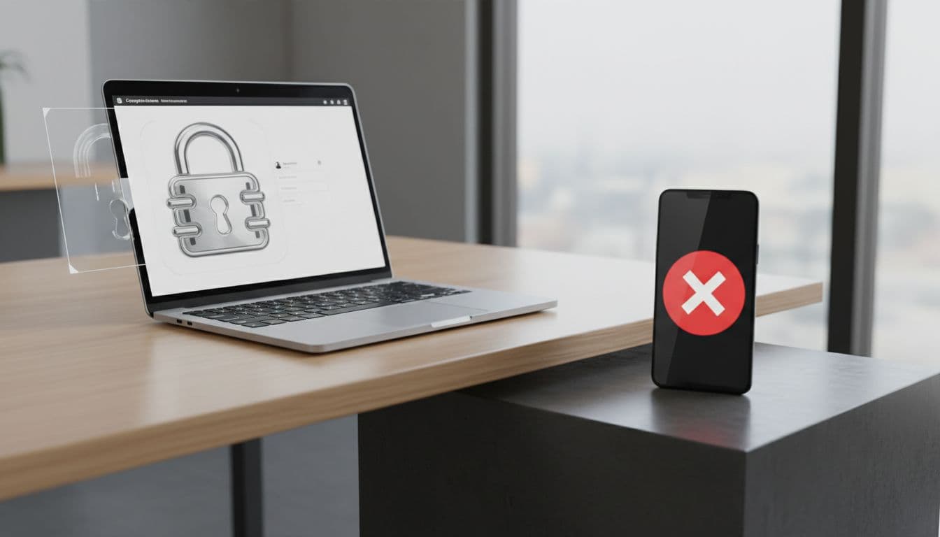 Corporate laptop with padlock icon on desk contrasts personal smartphone with red shield on side table.