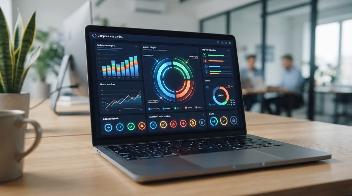Laptop showing an abstract compliance dashboard on a modern office desk.