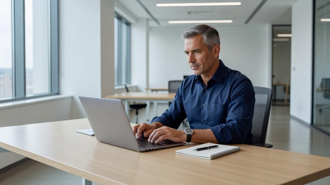A focused professional sits at a clean, white desk equipped with a sleek silver laptop and a leather-bound notepad. Warm ambient light illuminates the organized, modern office workspace during work.
