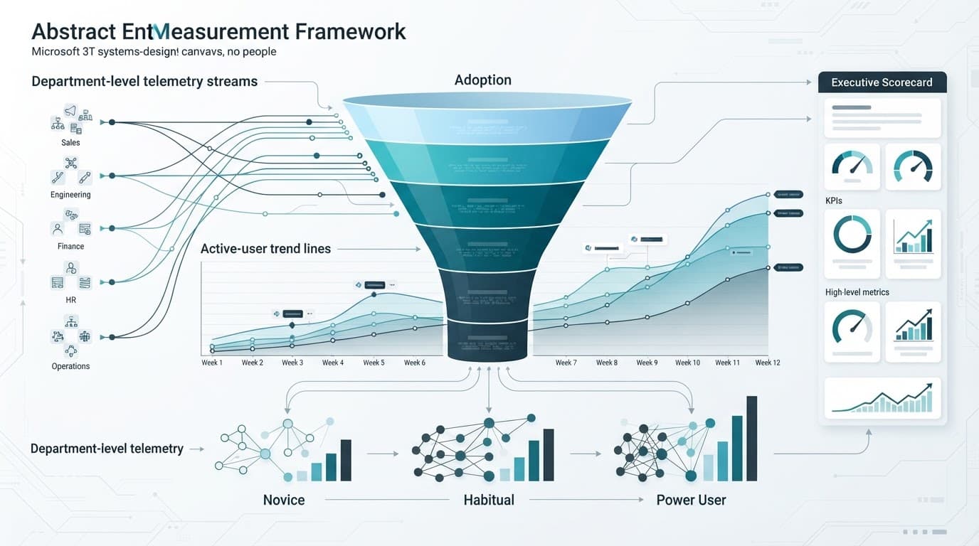 A central adoption funnel connects usage data, user cohorts, trend lines, and an executive scorecard.