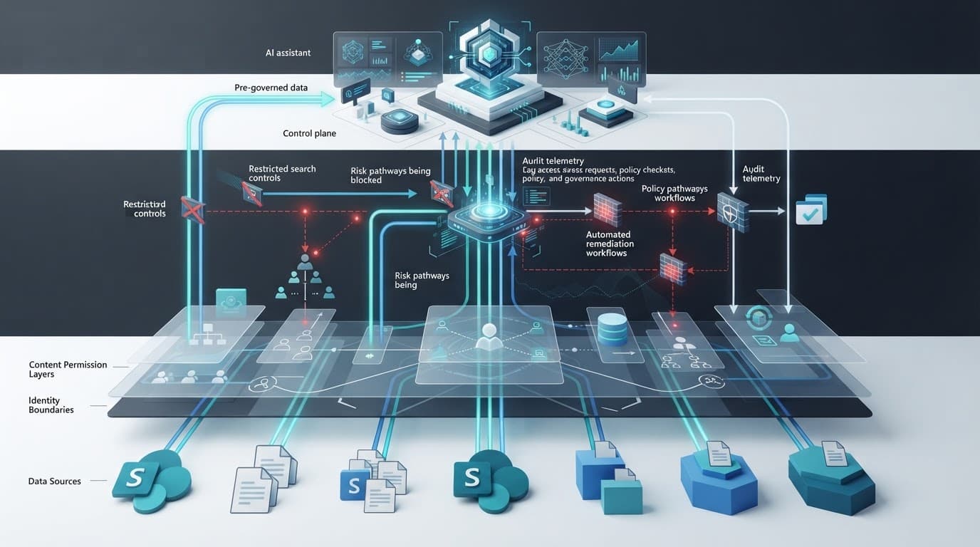 Layered diagram showing data permissions, identity controls, audit signals, and blocked risk pathways.