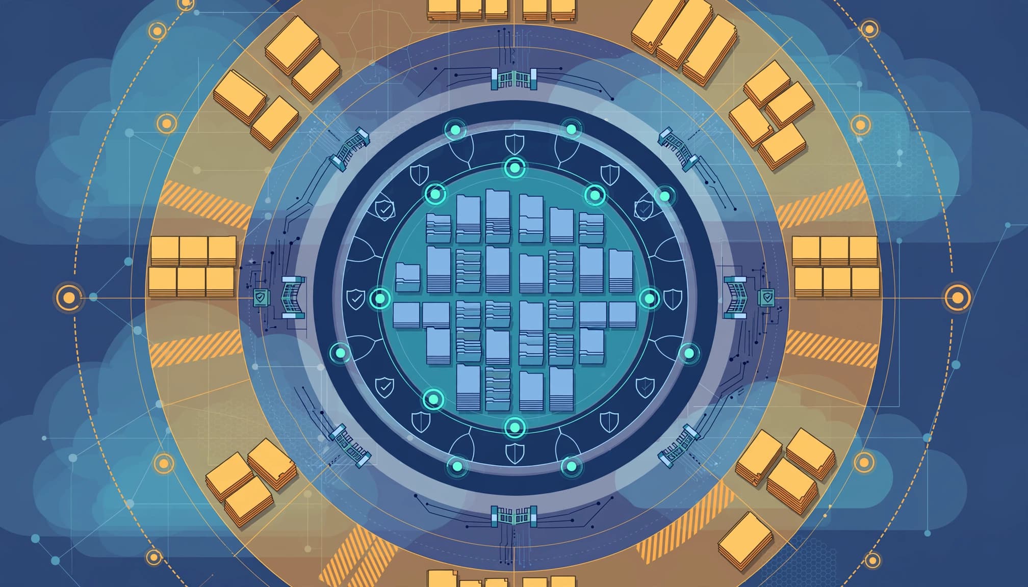 Approved documents sit inside a teal ring, separated from restricted files by shielded gates.