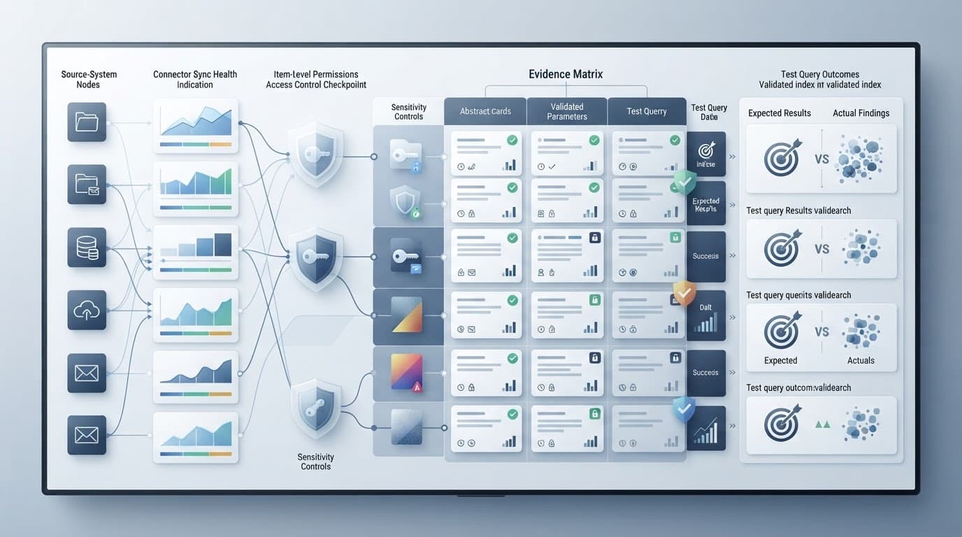 Technical dashboard showing Copilot search evidence, source connections, permissions, and test results.