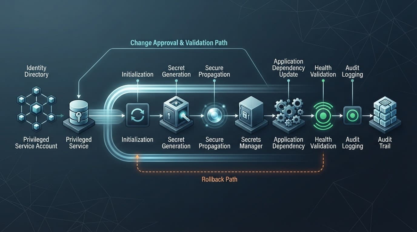Abstract diagram linking identity, secrets, applications, rollback, and audit checks.